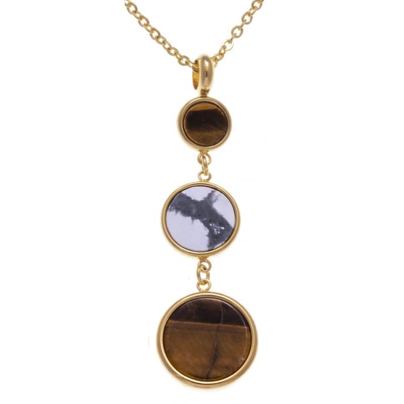Collier femme en acier doré + pendentif Howlite blanche & oeil de tigre - Bijoux Yola