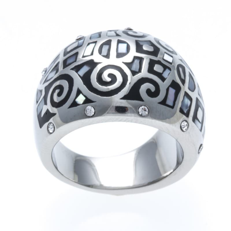 Grosse bague de créateur noire en acier, émail et nacre - Odena - Bijoux Odena