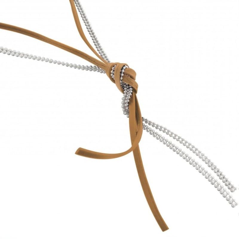 Sautoir femme en argent et cuir beige, signé Zoé Bijoux - Noeud - Zoé Bijoux