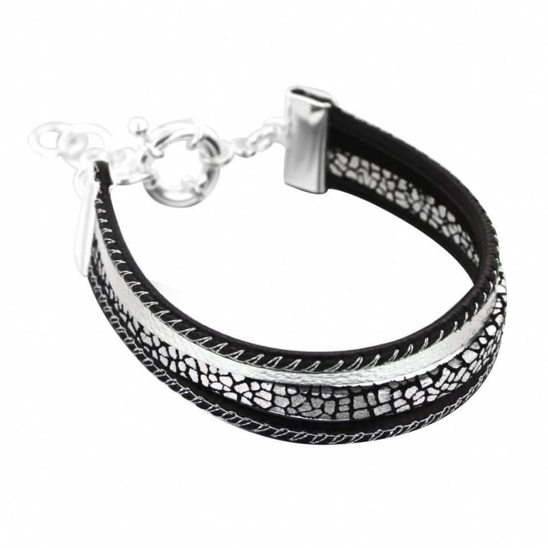 Bracelet femme, manchette cuir noir et argent, Zoé Bijoux - Gynko - Zoé Bijoux