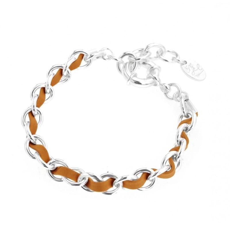 Bracelet cuir femme, cordon beige et mailles en argent, Zoé Bijoux - Entrelacs - Zoé Bijoux