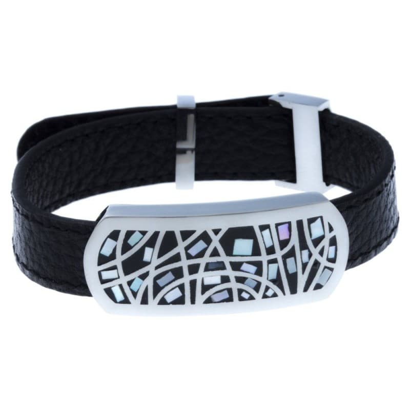 Bracelet femme en cuir noir, acier, nacre & émail noir - Melly - Bijoux Odena