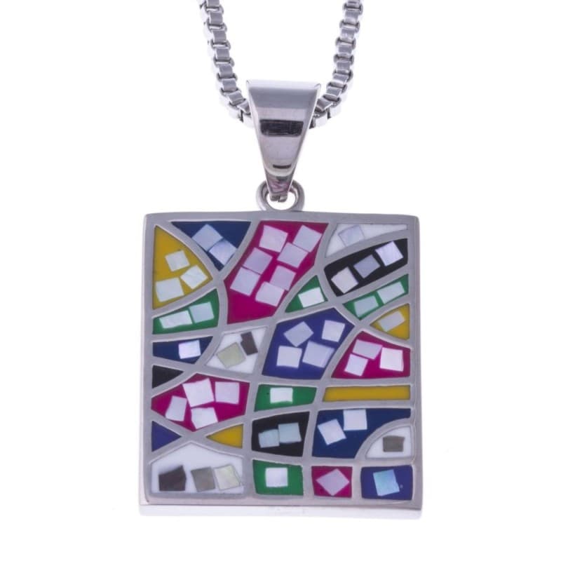 Collier femme en acier, pendentif multicolore en émail et nacre - Bijoux Odena