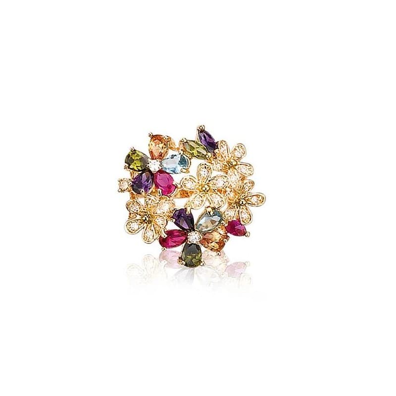 Grosse bague femme, fleurs multicolore en plaqué or & zircon - Eclat - Lyn&Or Bijoux