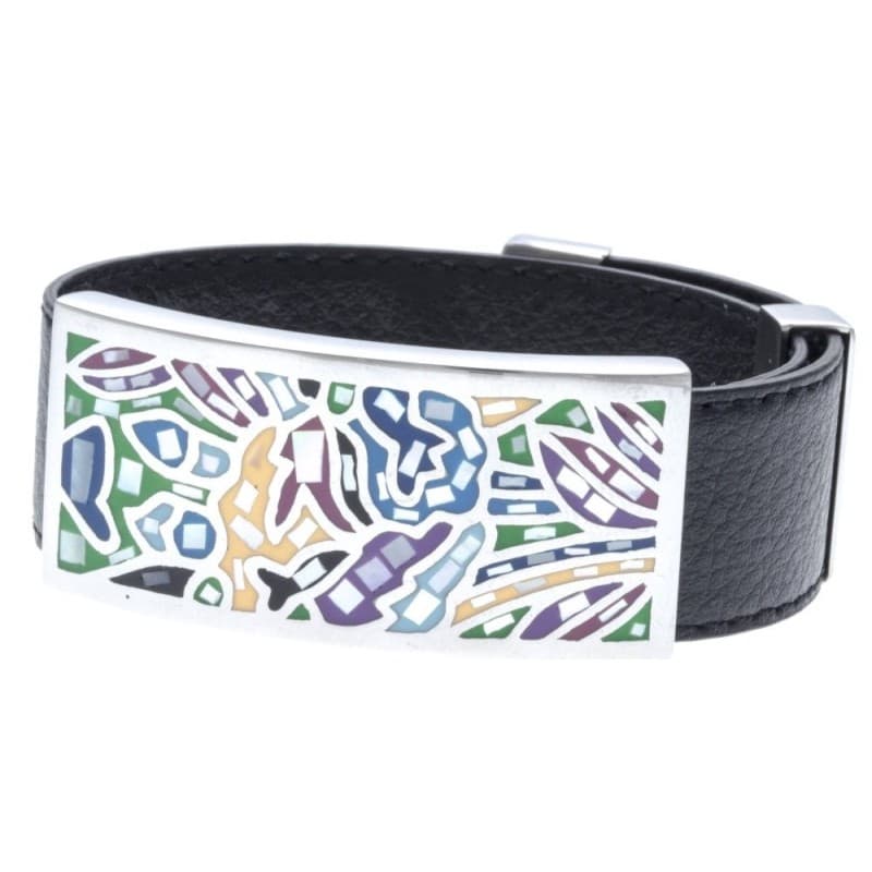 Bracelet femme, cuir noir 2cm, abstrait multicolore - Odena - Bijoux Odena