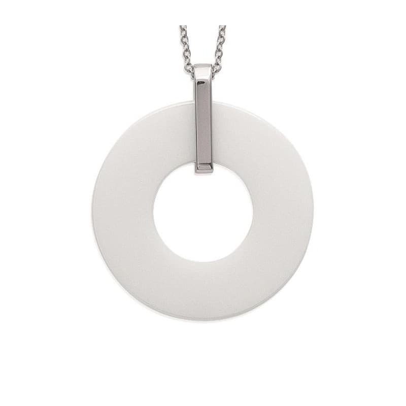 Collier femme acier & pendentif rond en céramique blanche - Piano - Lyn&Or Bijoux