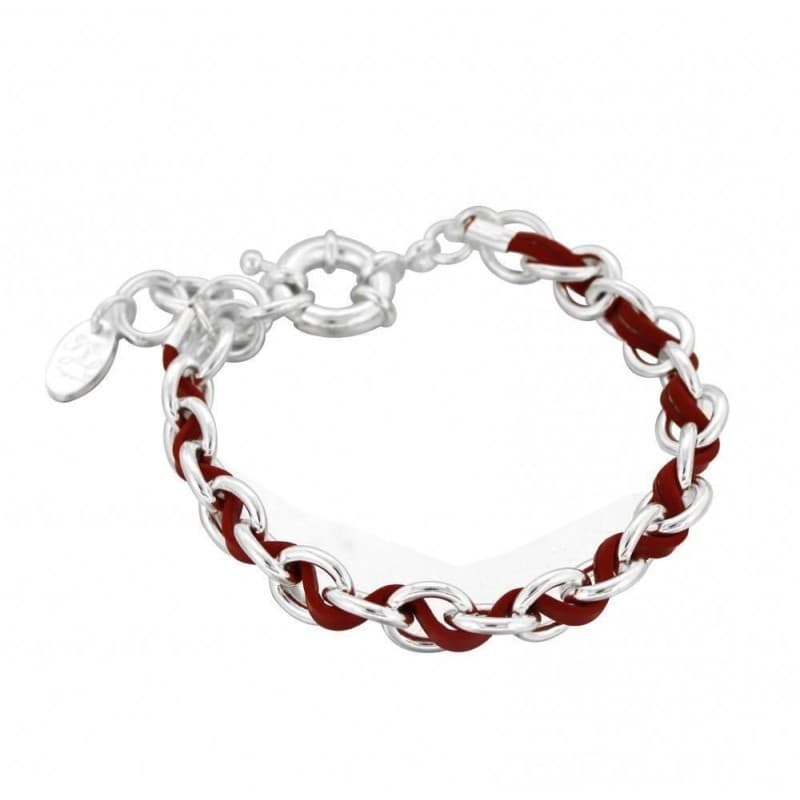 Bracelet cuir femme, cordon rouge et mailles en argent, Zoé Bijoux - Entrelacs - Zoé Bijoux