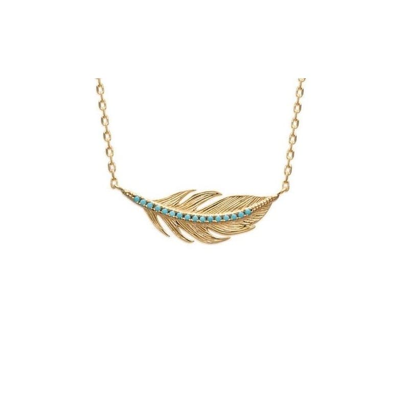 Collier femme en plaqué or, Pendentif Plume dorée et turquoise - Lyn&Or Bijoux