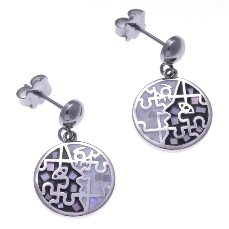 Boucles d'oreilles femme en acier, émail noir & blanc, nacre - Puzzle - Bijoux Odena