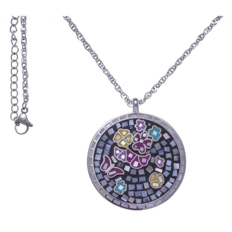 Collier femme & pendentif papillon rond en acier, émail, nacre, Odena - Papillon - Bijoux Odena