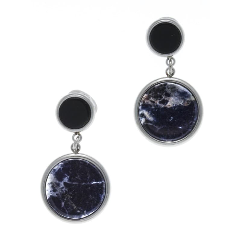 Boucles d'oreilles bleues pendantes: Acier, Onyx & Sodalite bleue - Bijoux Yola