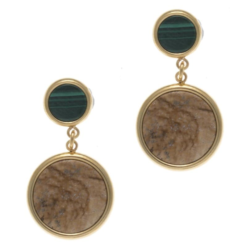 Boucles d'oreilles femme: Acier doré, Malachite & Jaspe paysage - Bijoux Yola