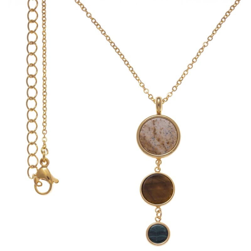 Collier femme en acier doré, Jaspe paysage, oeil de tigre et Malachite - Bijoux Yola
