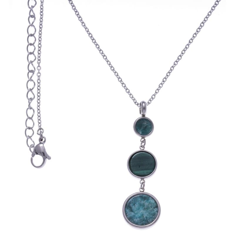 Collier femme en acier, pendentif en Malachite & Amazonite - Bijoux Yola