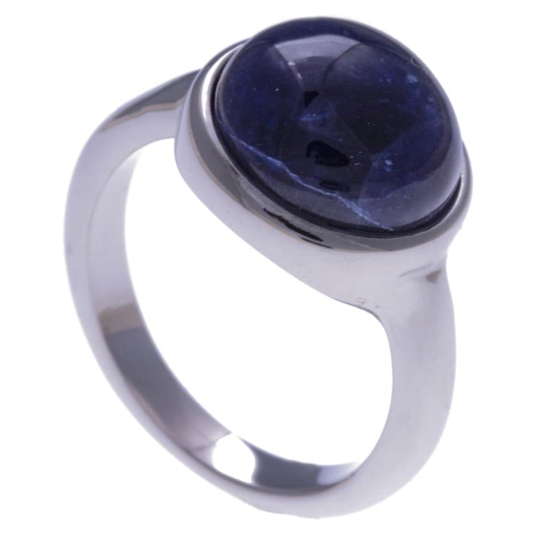 Bague femme + cabochon en pierre naturelle: Acier & Sodalite bleue - Bijoux Yola