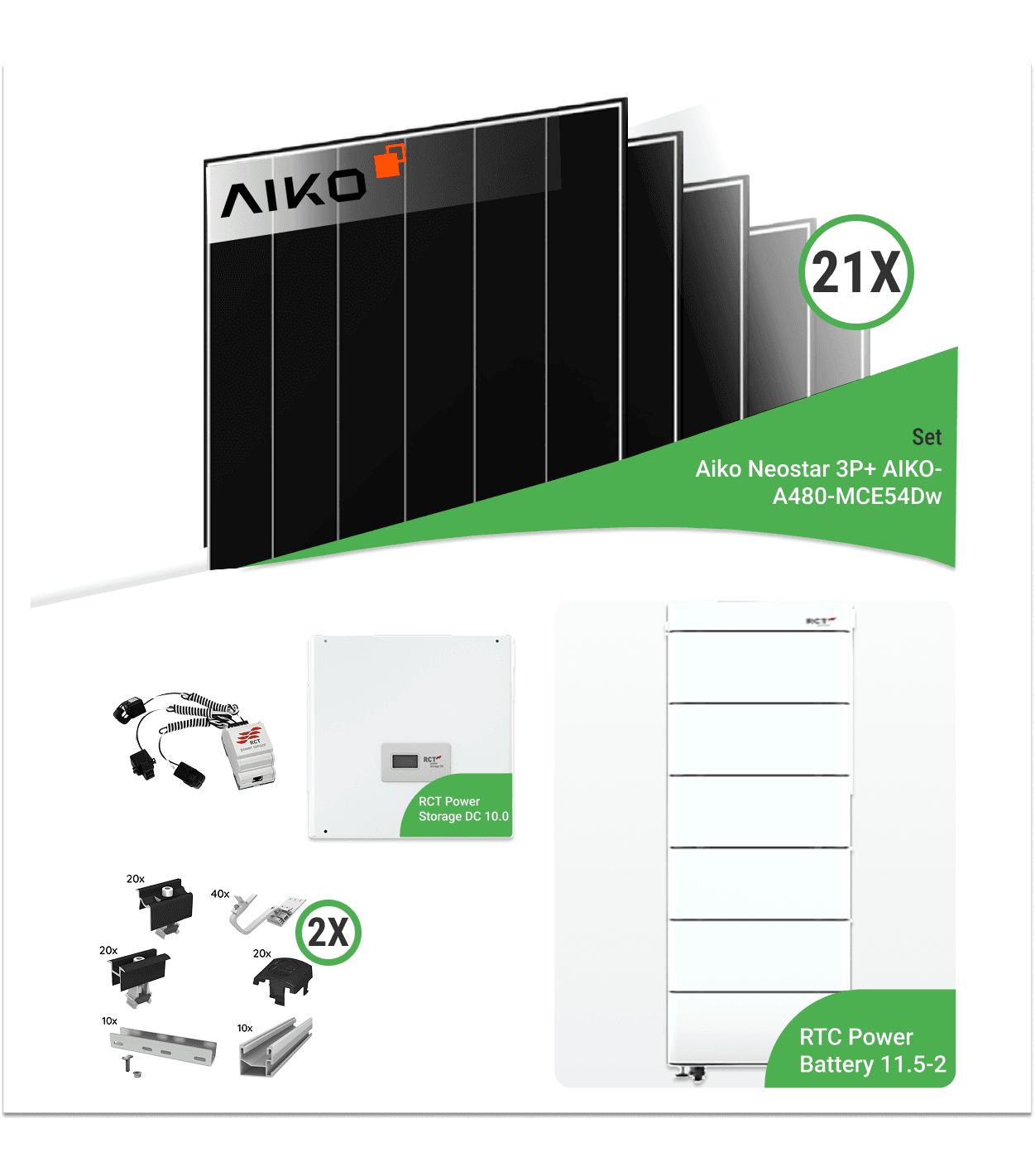 10,08 kWp PV-Komplettset mit 21x AIKO-A480-MCE54Dw Neostar 3P+ 480W Glas-Glas Modulen & RCT Power Storage 10.0 & RCT Power Battery 11.5-2 Speicher – i
