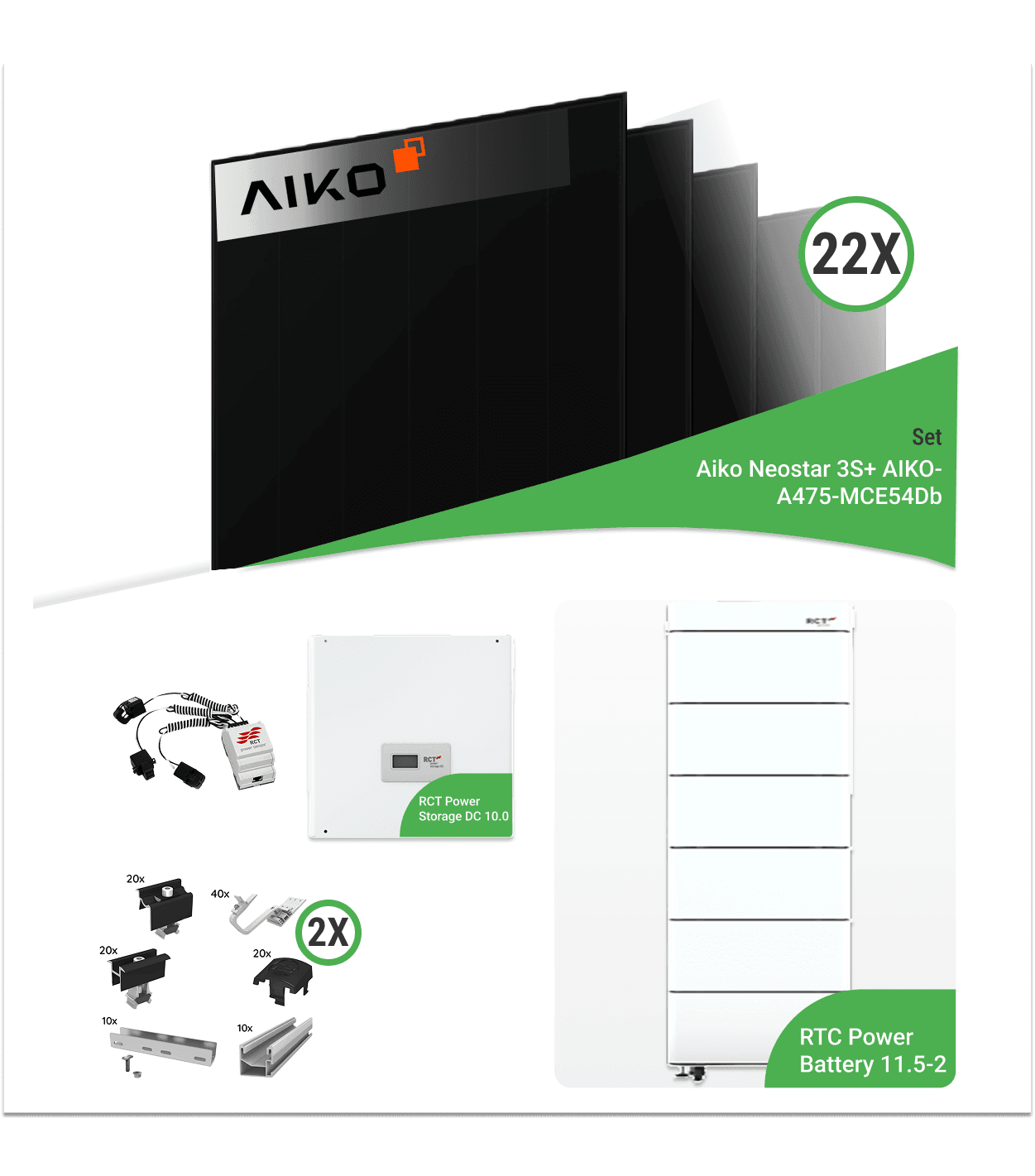 10,45 kWp PV-Komplettset mit 22x Aiko Neostar 3S+ Glas-Glas Modulen & RCT Speicher – inkl. Unterkonstruktion für Ziegeldächer