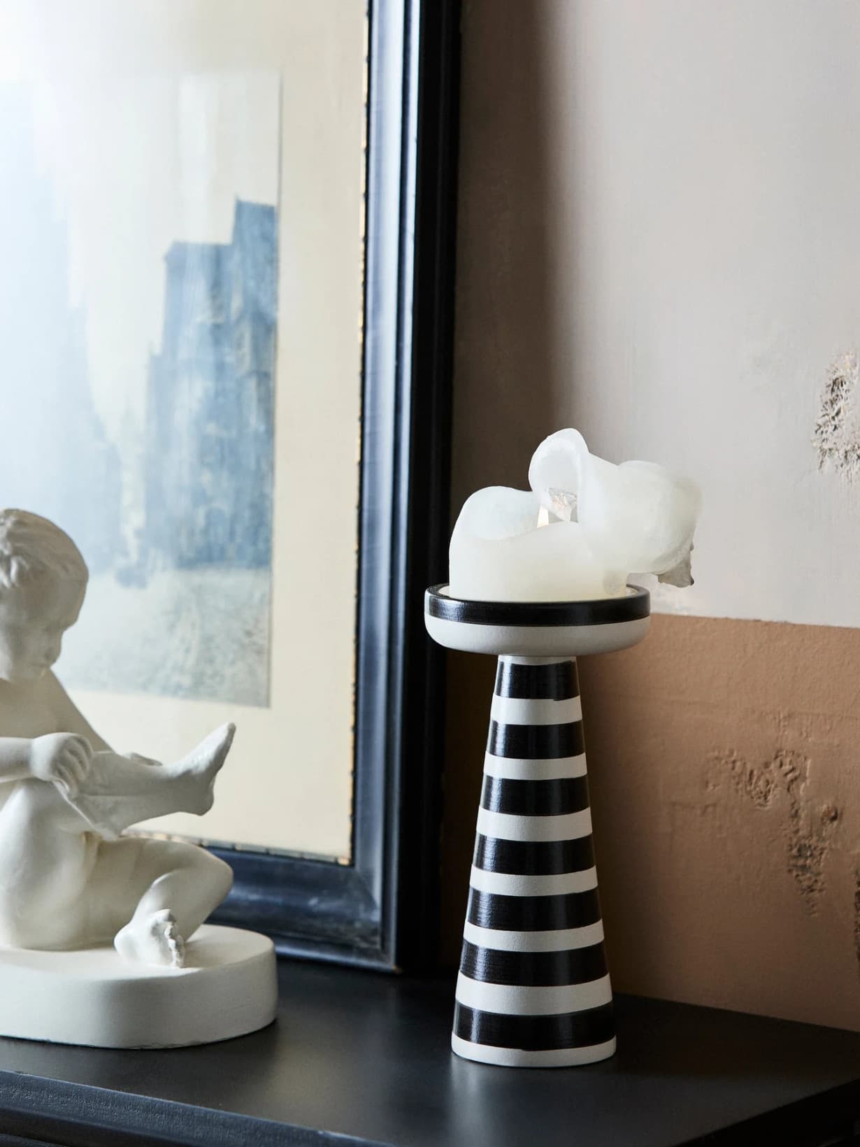 Bougeoir en grès à rayure noir & blanc, Cumo - NORDAL