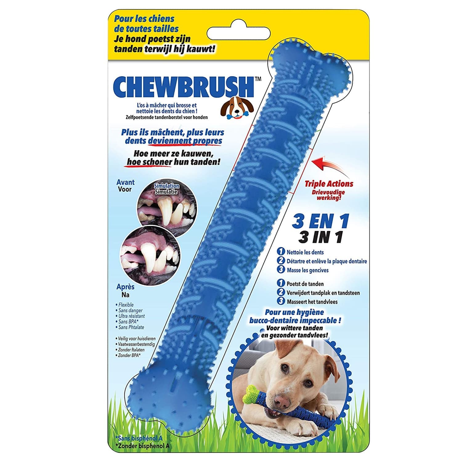 Chewbrush - L'Os à mâcher qui Brosse et Nettoie les dents du chein - Modèle Large