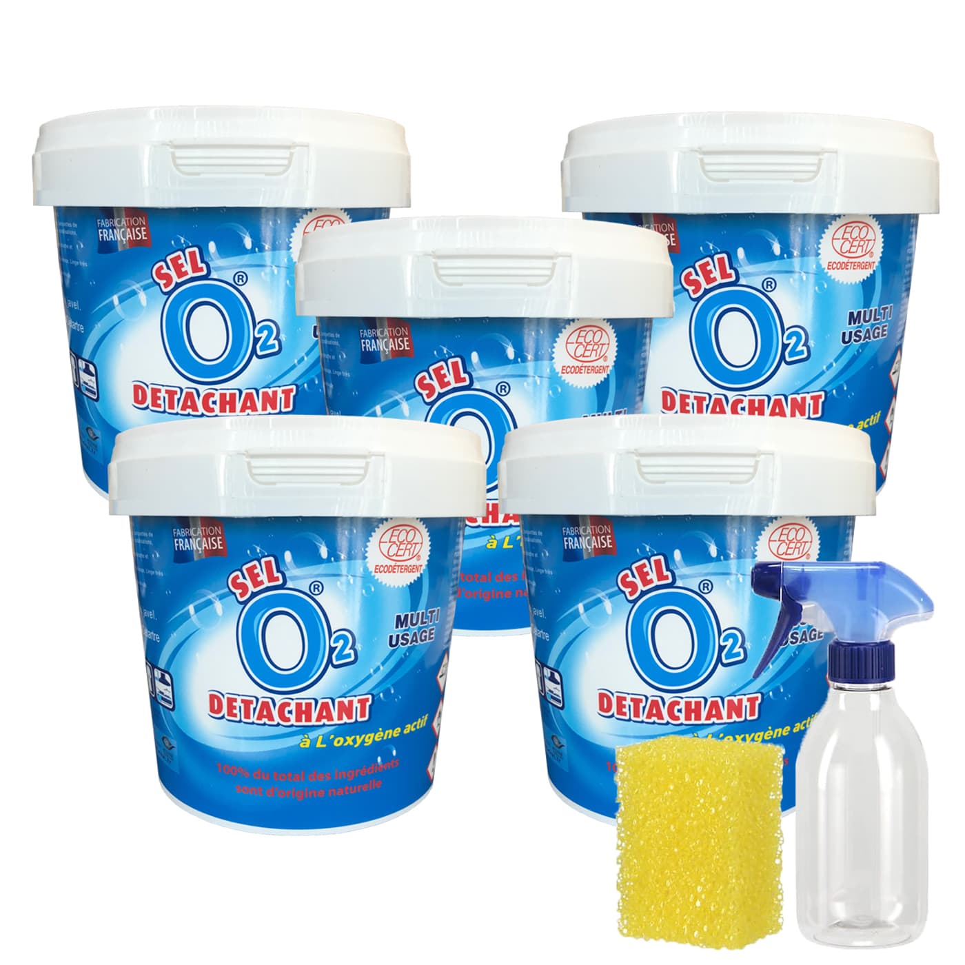 Sel Détachant 5x1kg + Flacon Pulvérisateur + Eponge - Fabrication Française