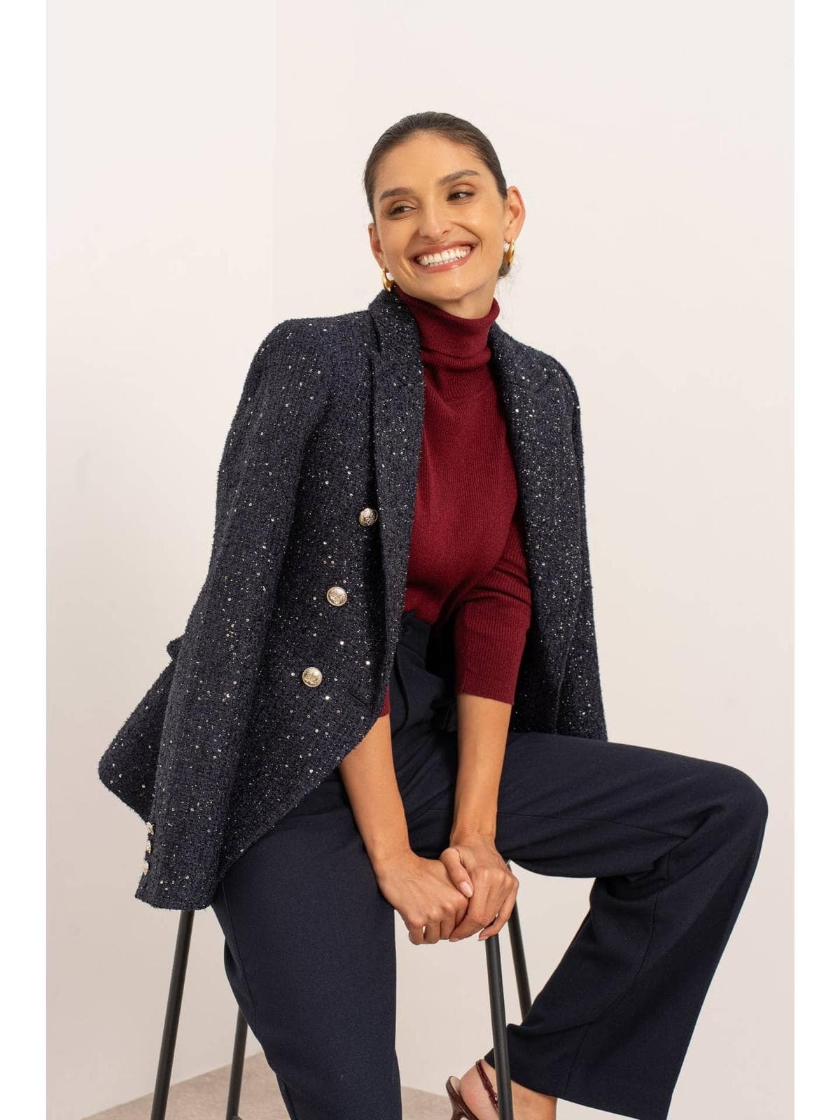 Veste croisée scintillante en tweed et boutons argentés