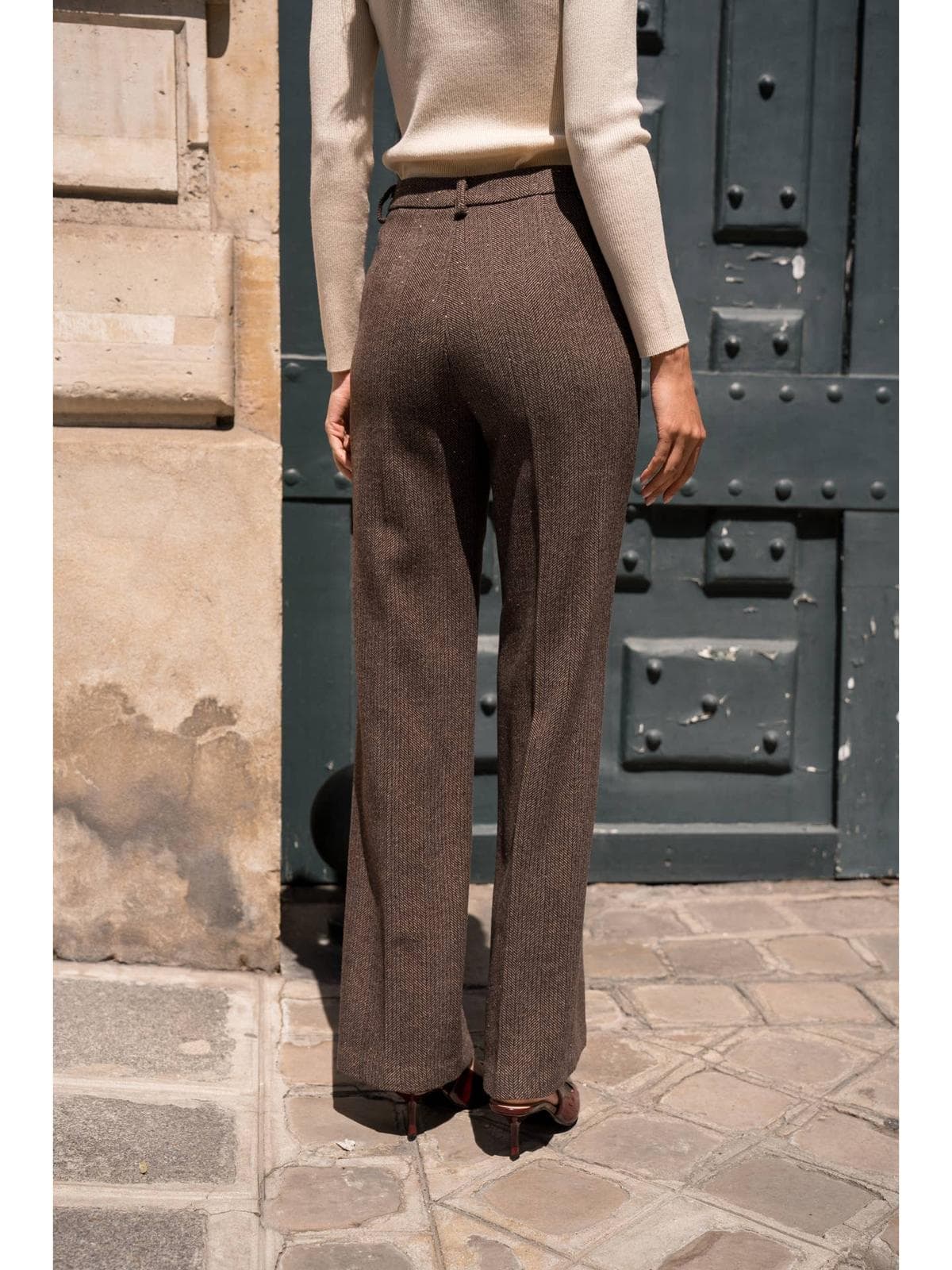 Pantalon droit long en laine mélangée à chevrons