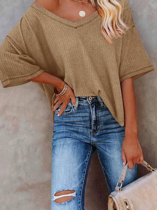 Top à manches courtes en tricot gaufré uni à col en V