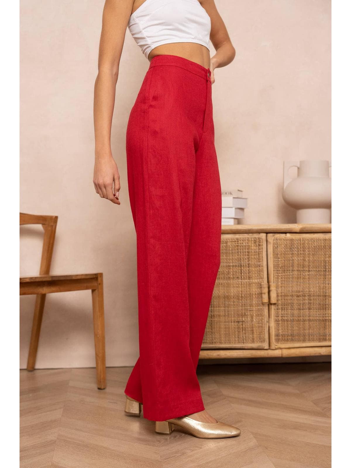 Pantalon uni droit en lin qualité supérieure