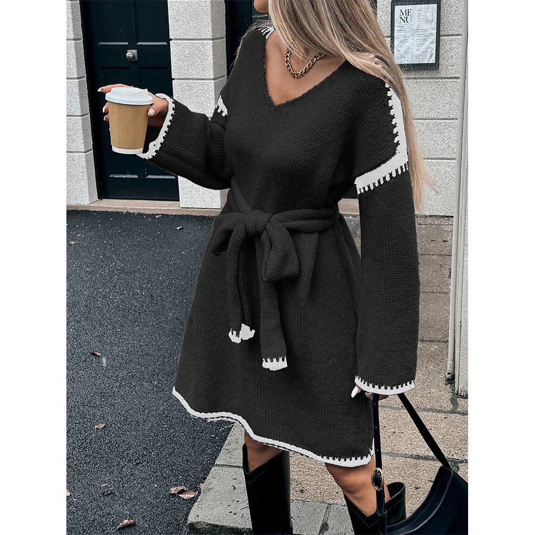 Robe décontractée en maille à col en V, ceinture à la taille et coupe ample