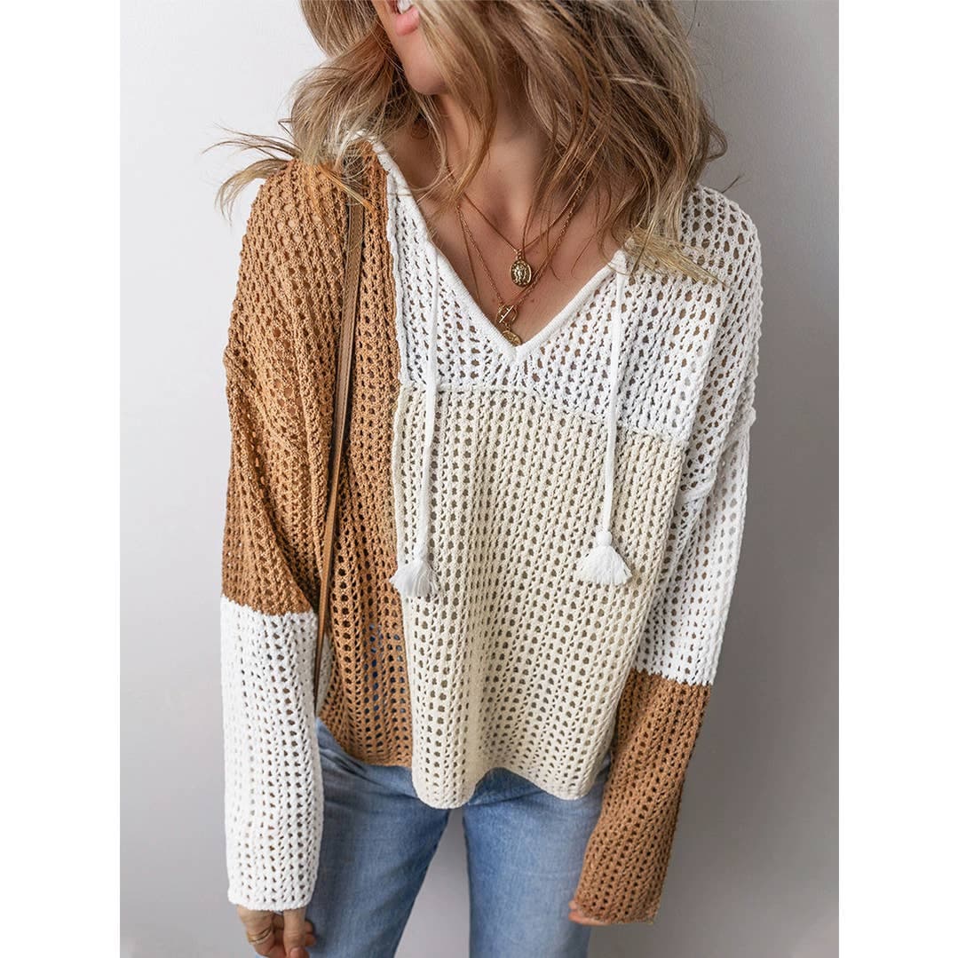 Pull en tricot ajouré à col en V et manches longues à blocs de couleur