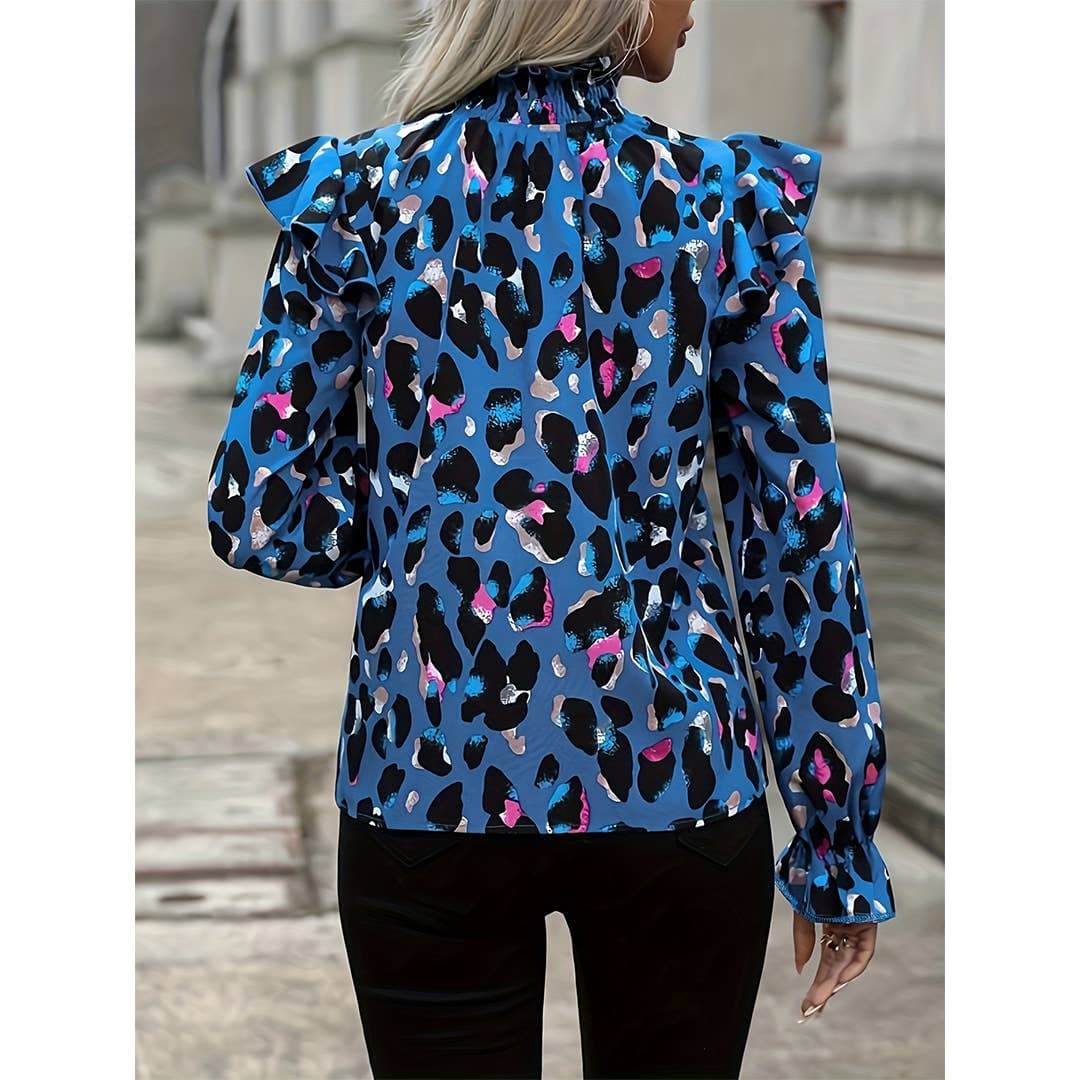 Chemise à manches longues bleu imprimé léopard avec manches à volants