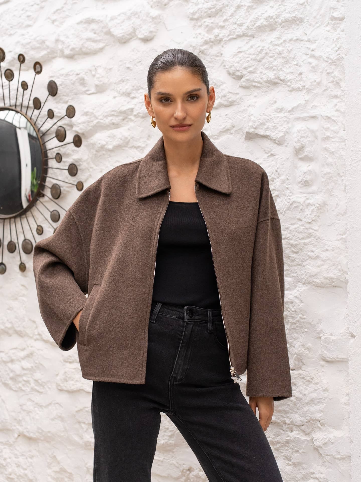 Manteau court cousu main laine mélangée à fermeture zippée