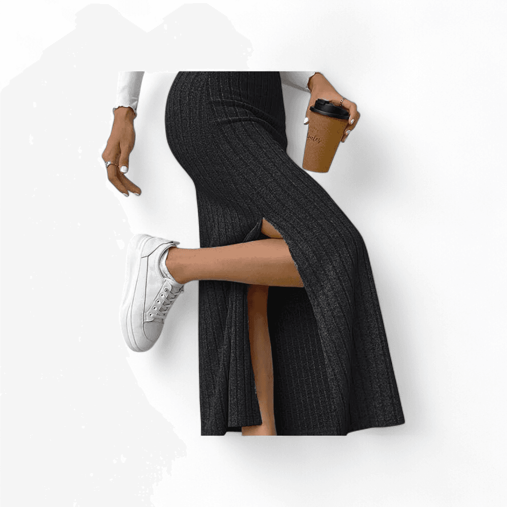 Jupe longue unie à côtes fendues sur le côté