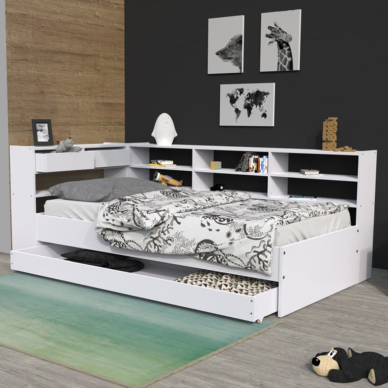 Lit 90x190 - étagères - tiroir - sommier inclus Roller Blanc