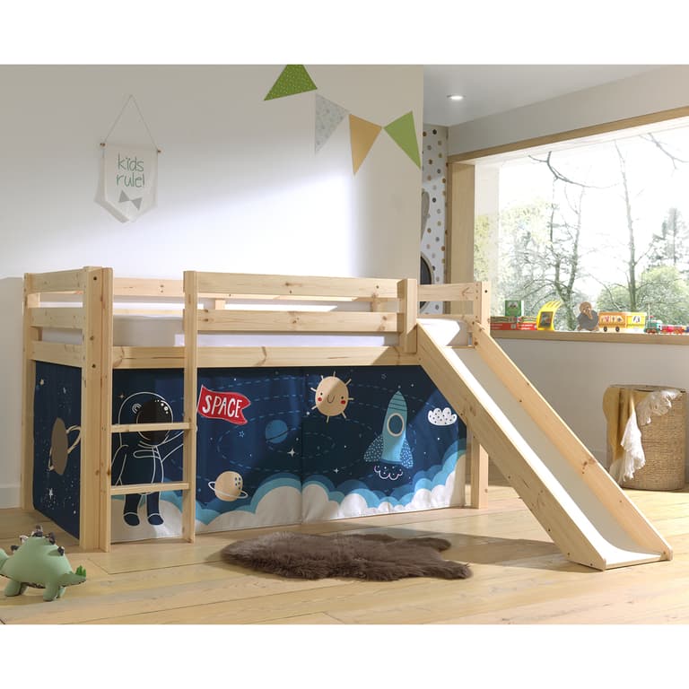 Lit Mi-Hauteur 90x200 Toboggan sommier inclus housse Space Vipack Pino Bois