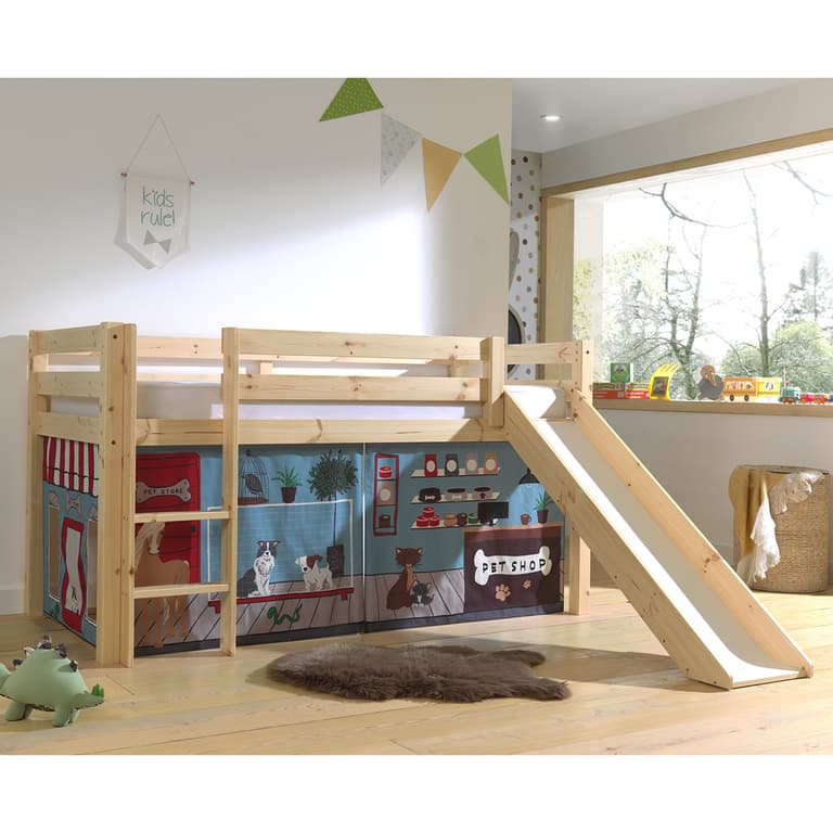 Lit Mi-Hauteur 90x200 Toboggan sommier inclus housse Pet Shop Vipack Pino Bois