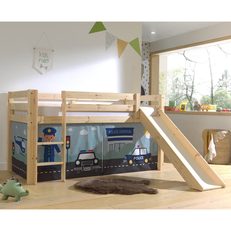 Lit Mi-Hauteur 90x200 Toboggan sommier inclus housse Police Vipack Pino Bois