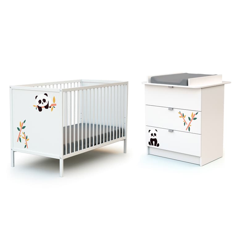 Lit bébé 60x120 et commode 3 tiroirs avec plan à langer AT4 Webaby Panda