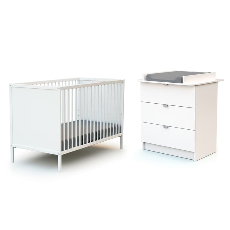 Lit bébé 60x120 et commode 3 tiroirs avec plan à langer AT4 Webaby Blanc