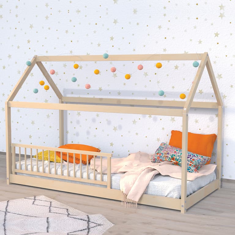 Lit cabane 90x190 barrière de lit amovible et sommier inclus Panda Bois