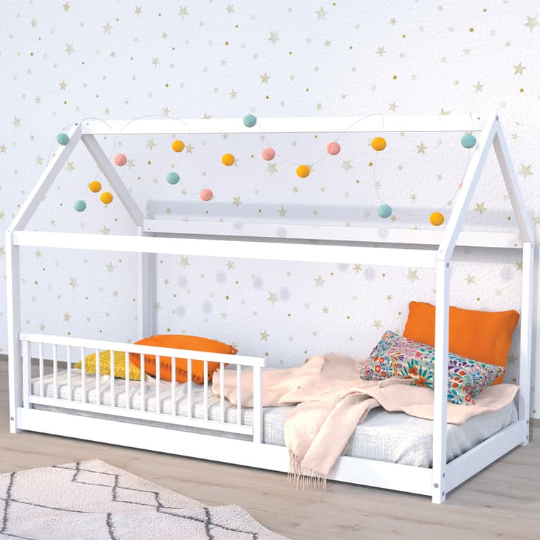 Lit cabane 90x190 barrière de lit amovible et sommier inclus Panda Blanc