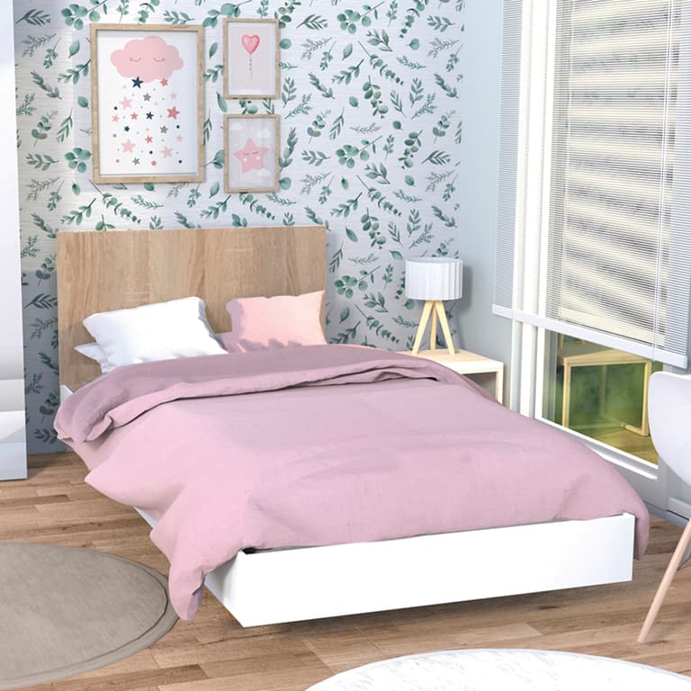 Lit 90x190 sommier inclus Cora Blanc et Bois blanchi