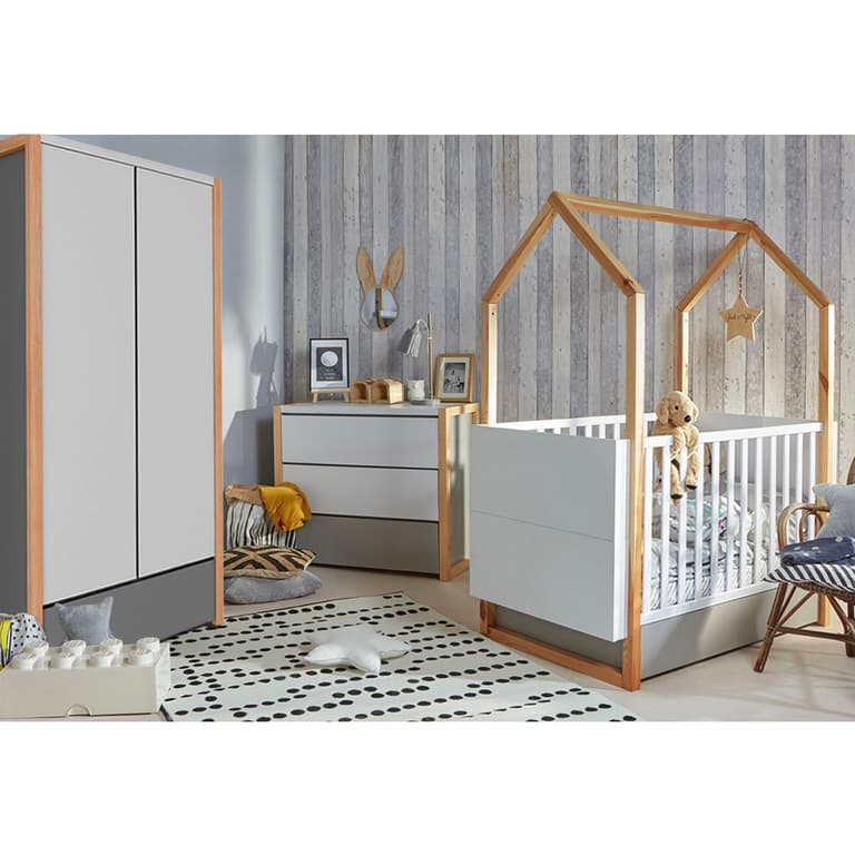 Chambre complète lit évolutif cabane 70x140 commode à langer et armoire 2 portes Bellamy Pinette Blanc et gris