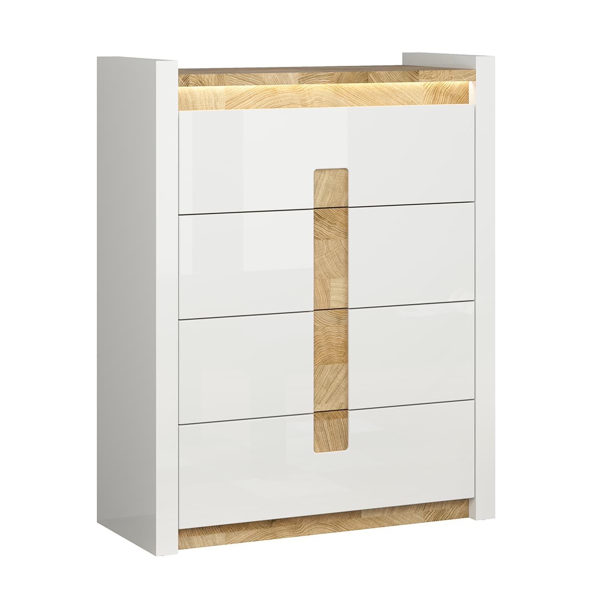 Commode 4 tiroirs avec LED Helios Blanc laqué et Bois