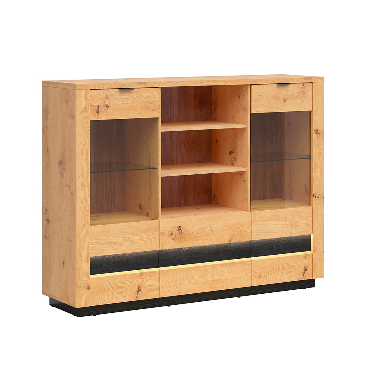 Vaisselier bas 2 portes 2 tiroirs avec LED Glenn Bois et Noir