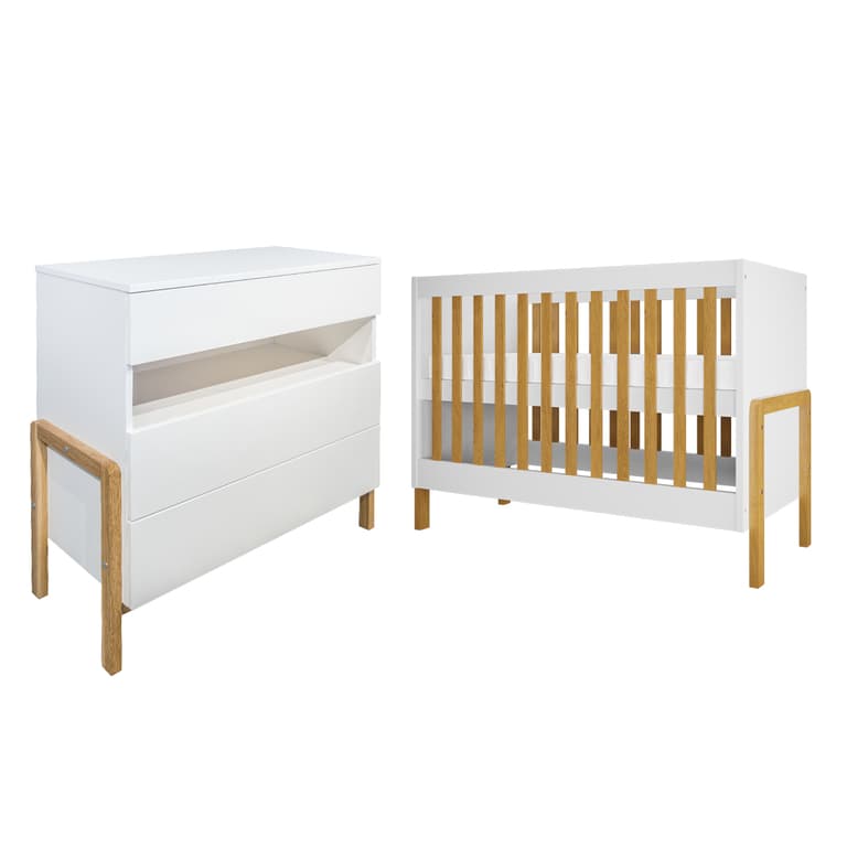 Lit bebe 60x120 et commode 3 tiroirs Kocot Kids Victor - Blanc et Chêne