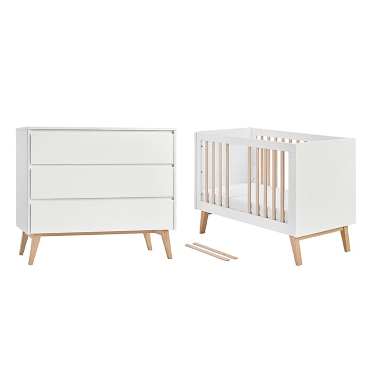 Lit évolutif 60x120 et commode 3 tiroirs Pinio Swing - Blanc et bois