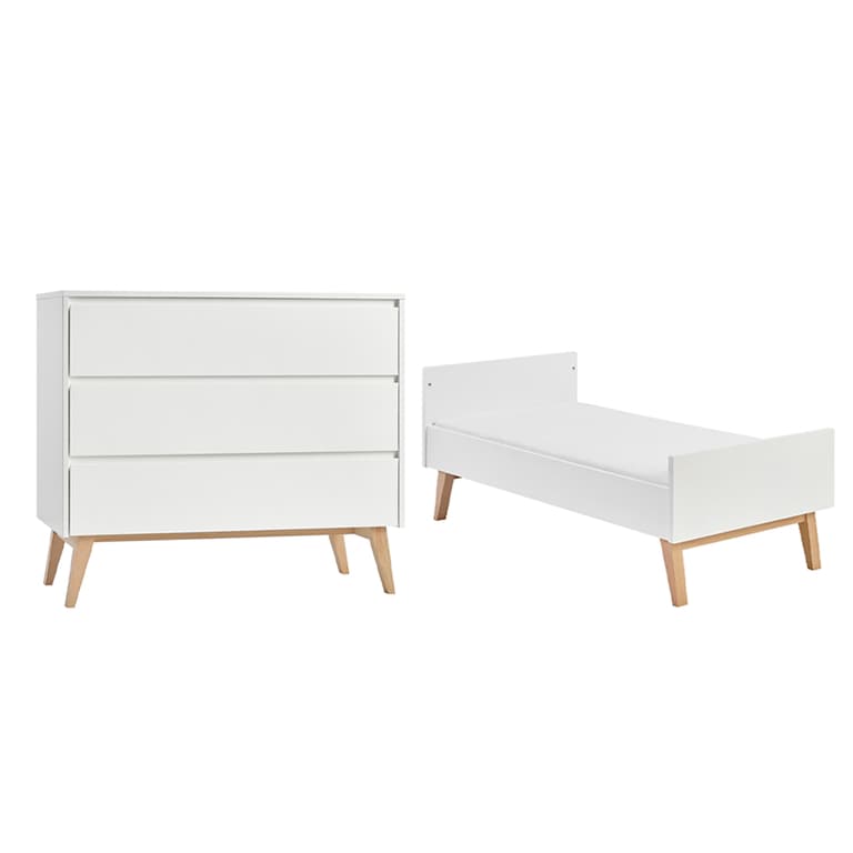 Lit évolutif 70x140 et commode 3 tiroirs Pinio Swing - Blanc et bois