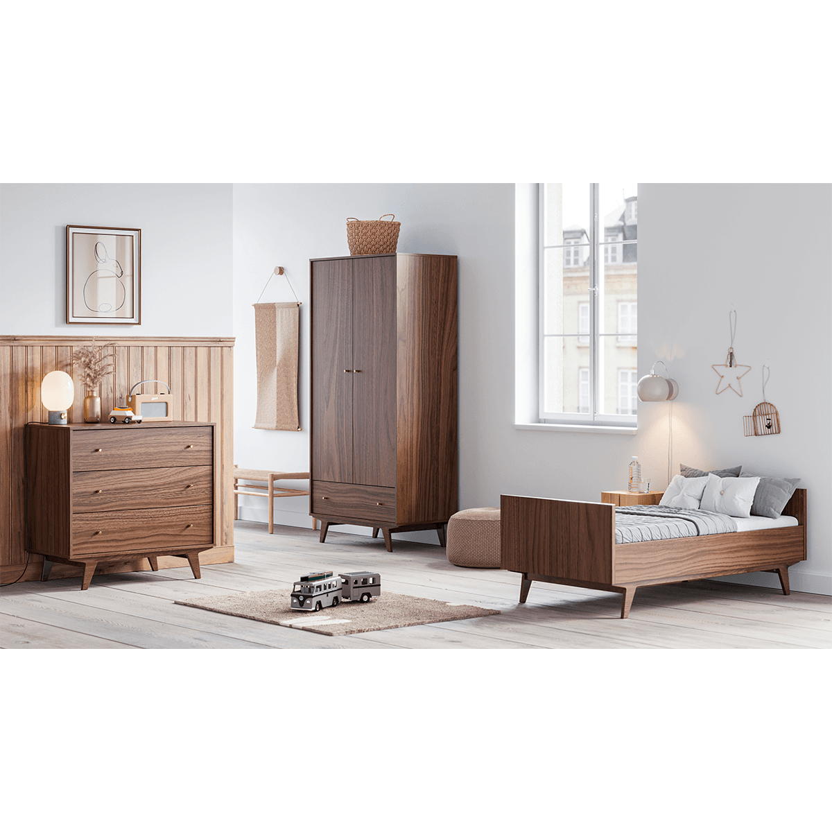 Chambre complète lit évolutif 70x140 commode à langer et armoire 2 portes 1 tiroir Vox Mid - Bois