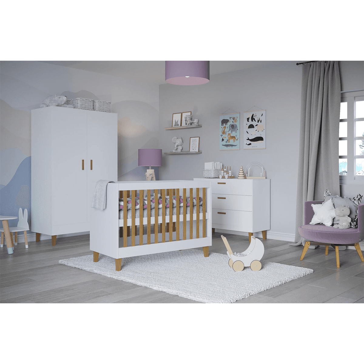 Chambre complète lit bébé 60x120, commode et armoire Kocot Kids Kubi - Blanc